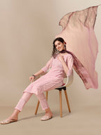 HERE&NOW Lucknowi Chikankari Schiffli Chanderi Silk Kurta Trousers with Organza Dupatta | Grocsy