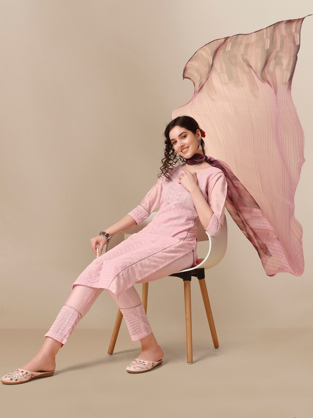 HERE&NOW Lucknowi Chikankari Schiffli Chanderi Silk Kurta Trousers with Organza Dupatta | Grocsy