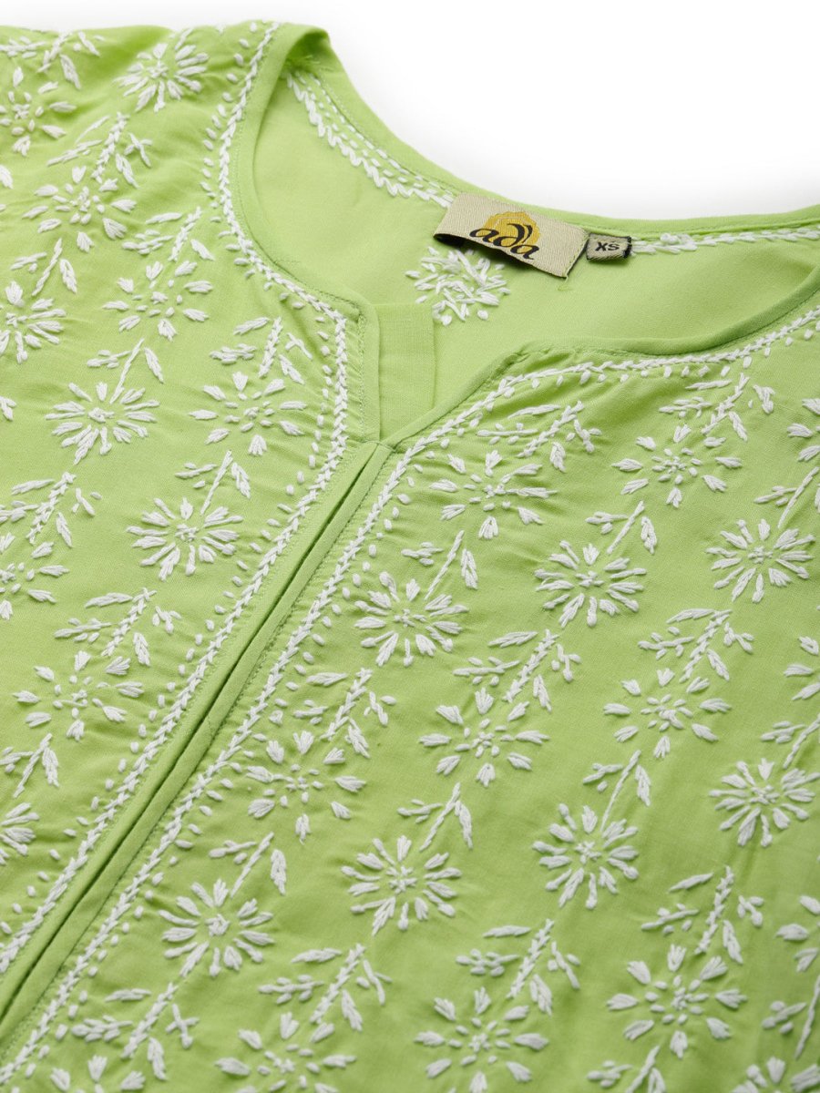 ADA Women Green & White Ethnic Motifs Chikankari Hand Embroidered Sustainable Kurta | Grocsy