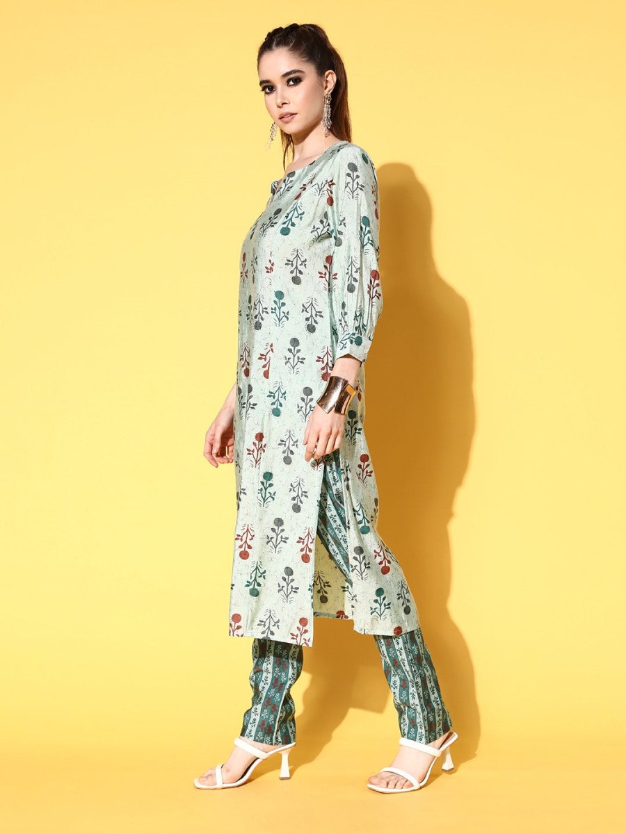 All About You Women Calm Green Ethnic Motifs Print Parade Kurta with Trousers | Grocsy
