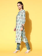 All About You Women Calm Green Ethnic Motifs Print Parade Kurta with Trousers | Grocsy