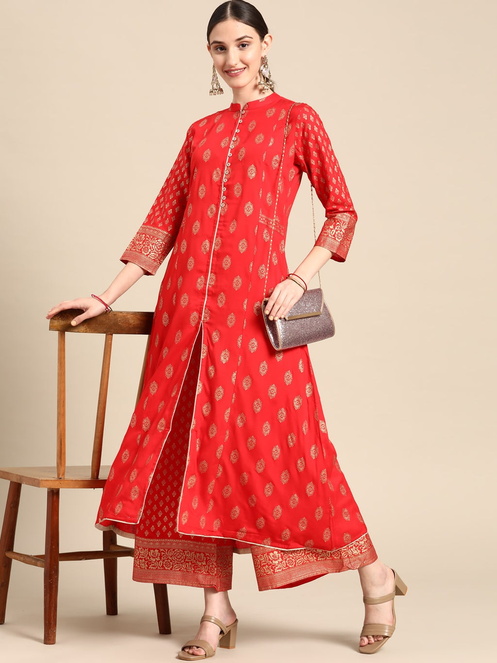 Sangria Women Red Ethnic Motifs Printed Kurta with Palazzos | Grocsy
