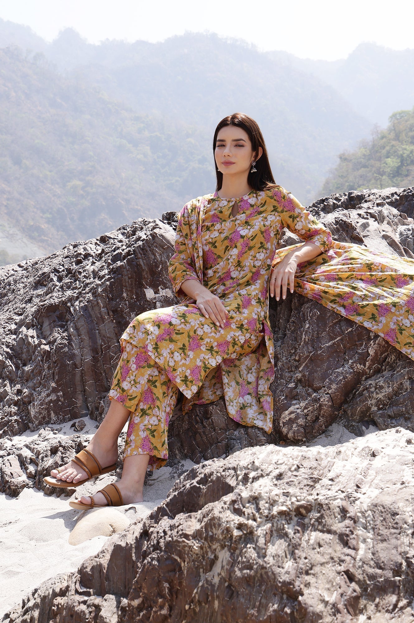 W for Woman Yellow Floral Printed Kurta, Pants and Dupatta Set | Grocsy