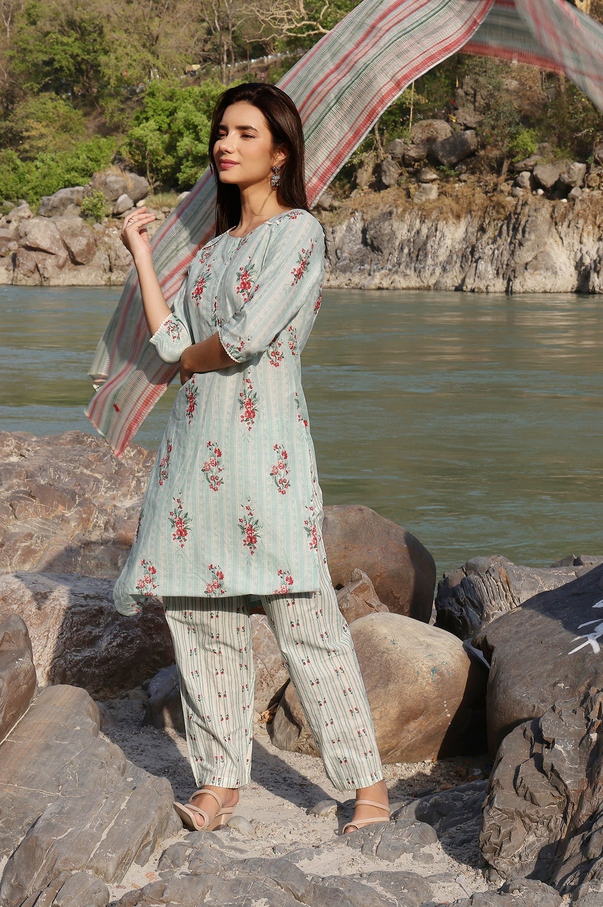 W for Woman Turquoise Green Floral Printed With Lace Pure Cotton Straight Kurta and Pants Set with Kota Dupatta | Grocsy