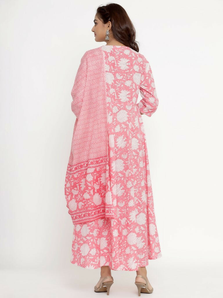 Miravan Women's Cotton Floral Print Anarkali Kurta With Dupatta | Grocsy