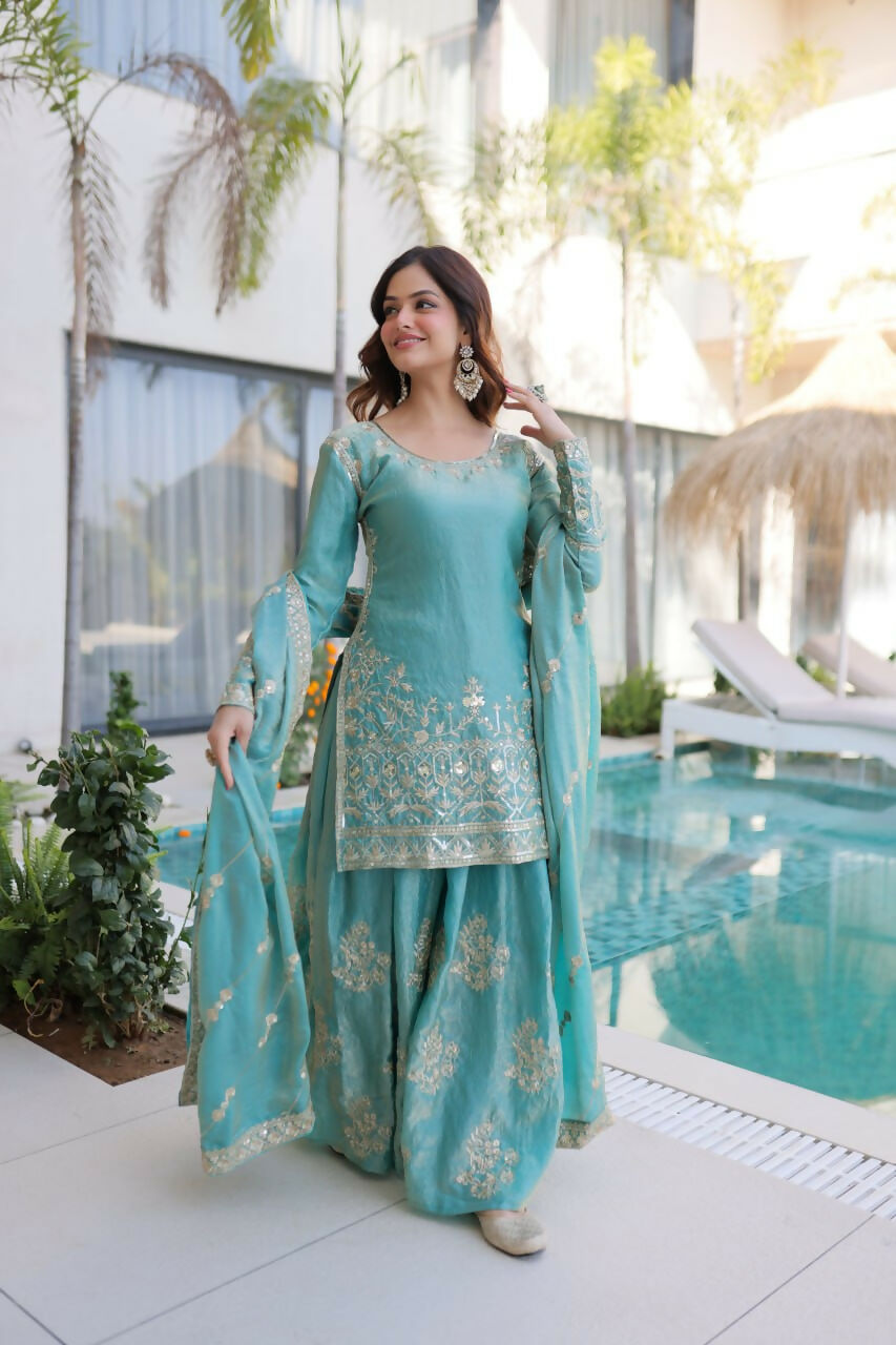 Teeya Creation Womens New Sky Color Fendi Crush With Zari & Sequins Embroidered Work | Grocsy