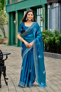 Vastranavya Sea Blue Embroidery Work Shimmer Chiffon Saree with Unstitched Blouse | Grocsy