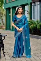 Vastranavya Sea Blue Embroidery Work Shimmer Chiffon Saree with Unstitched Blouse | Grocsy