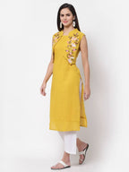 Myshka Women's Rayon Printed 3/4 Sleeve Round Neck Casual Yellow Dress | Grocsy