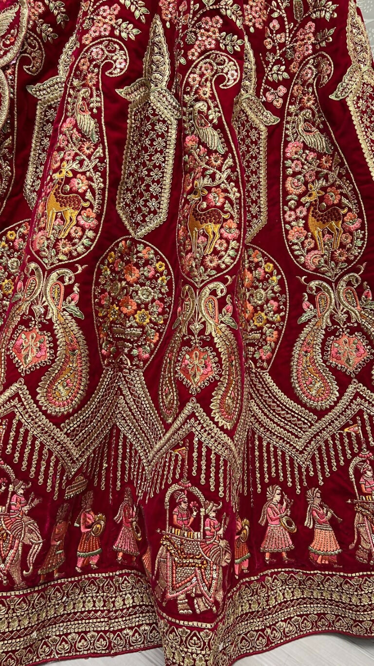 Jyoti Fashion Women's Rani Pink Velvet Multi Thread Embroidered with Zircon Diamond Work Wedding Lehenga Choli | Grocsy