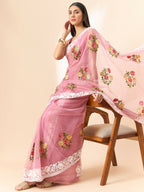 Pink Organza Floral Embroidered Saree with Unstitched Blouse Piece - Roozal | Grocsy