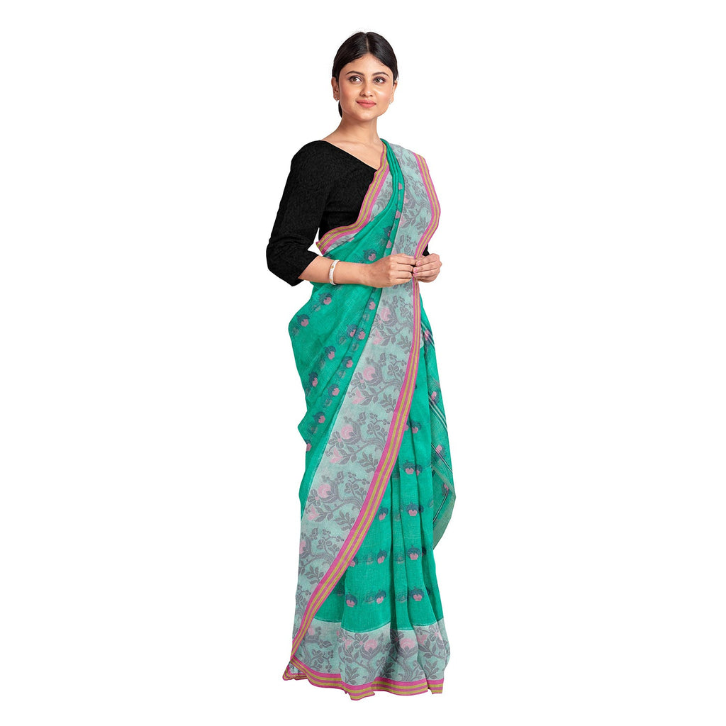 Exclusive Collection 100% Pure Cotton Green Tant Saree With Hand Weaving Work | Grocsy