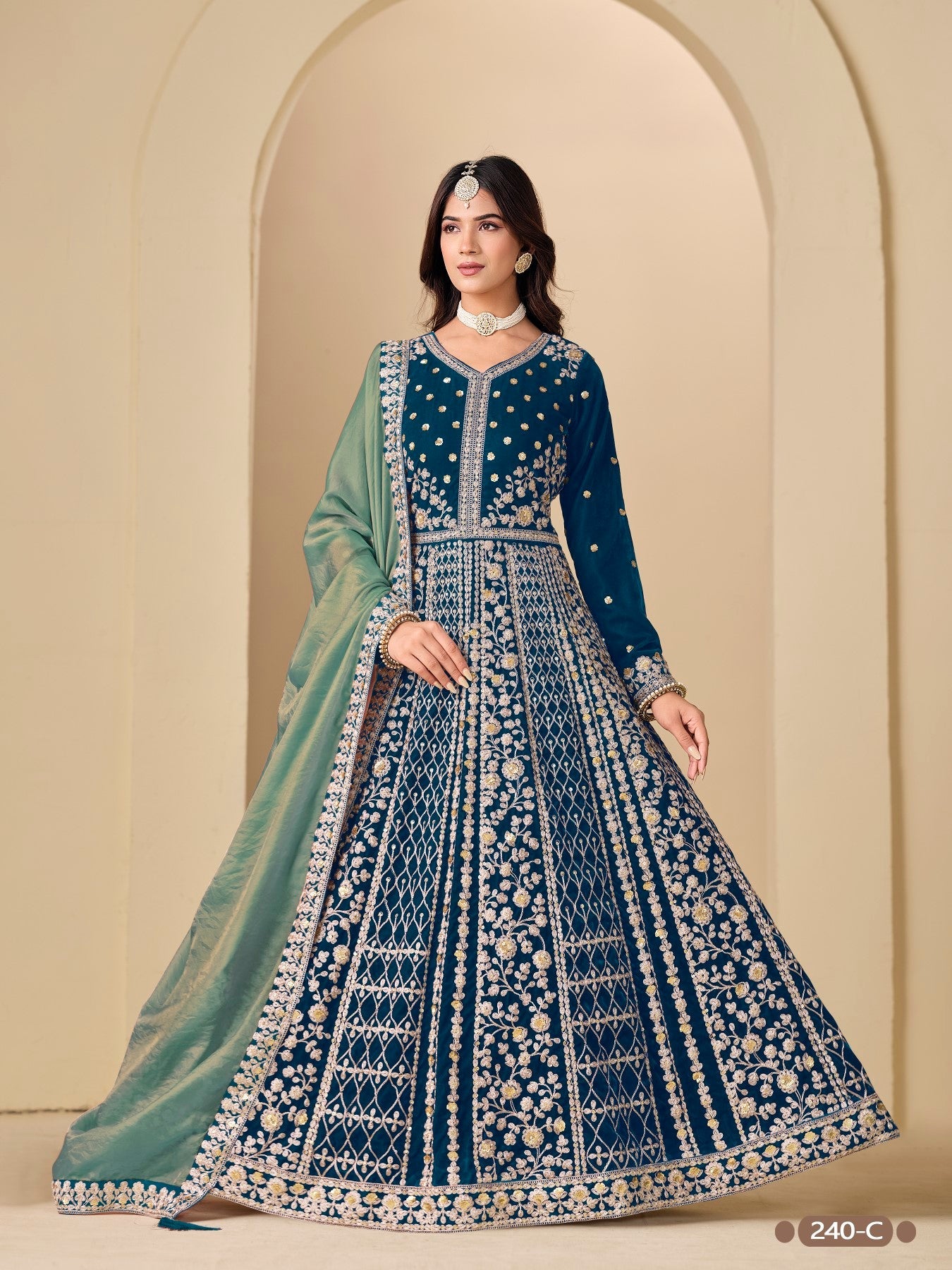 Anaita Teal Velvet Anarkali Suits With Heavy Embroidery Work | Grocsy