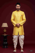 Raivat Ethnic Banarasi Jacquard Embroidery Semi Indo Western Sherwani In Yellow Colour | Grocsy