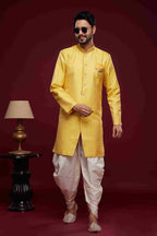 Raivat Ethnic Banarasi Jacquard Embroidery Semi Indo Western Sherwani In Yellow Colour | Grocsy