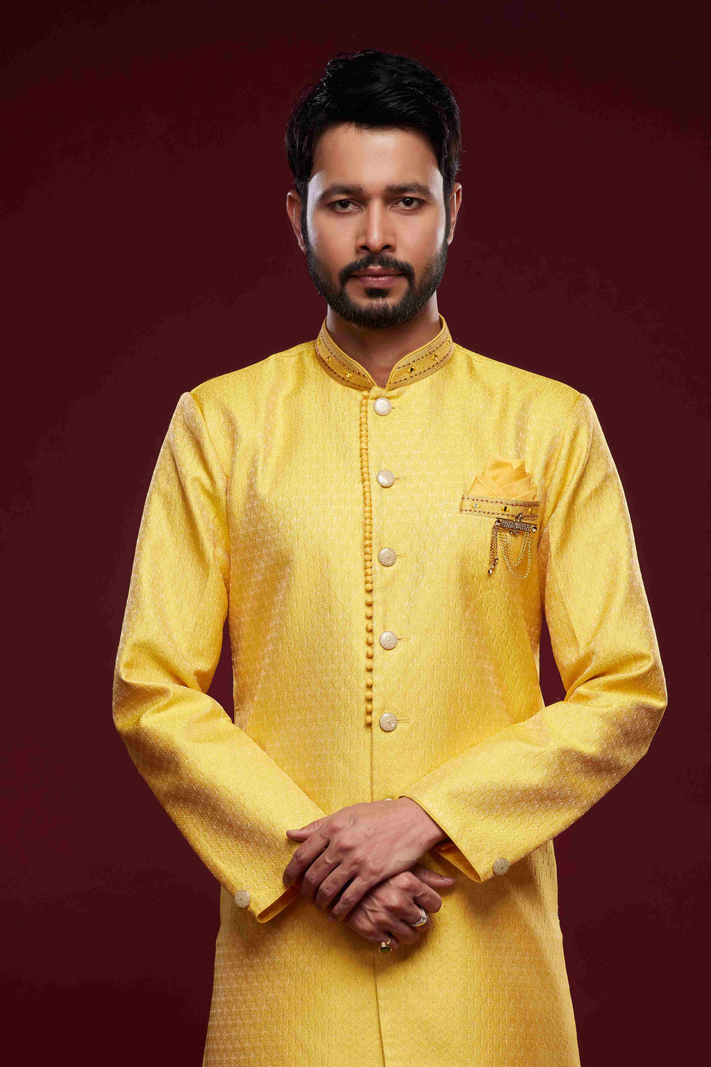 Raivat Ethnic Banarasi Jacquard Embroidery Semi Indo Western Sherwani In Yellow Colour | Grocsy