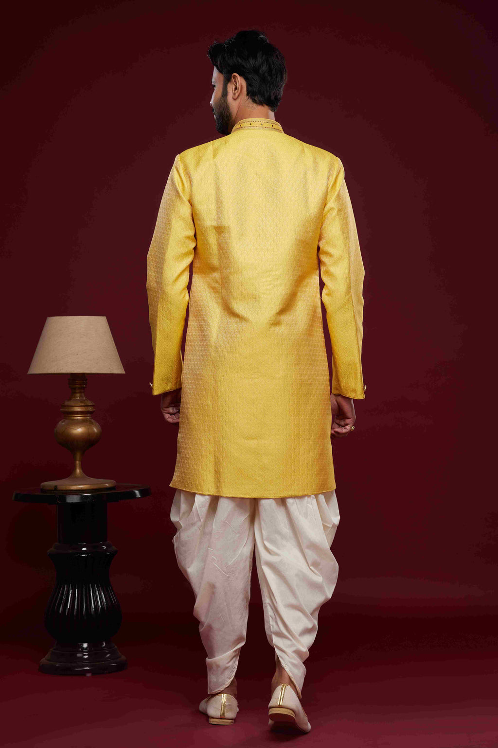 Raivat Ethnic Banarasi Jacquard Embroidery Semi Indo Western Sherwani In Yellow Colour | Grocsy