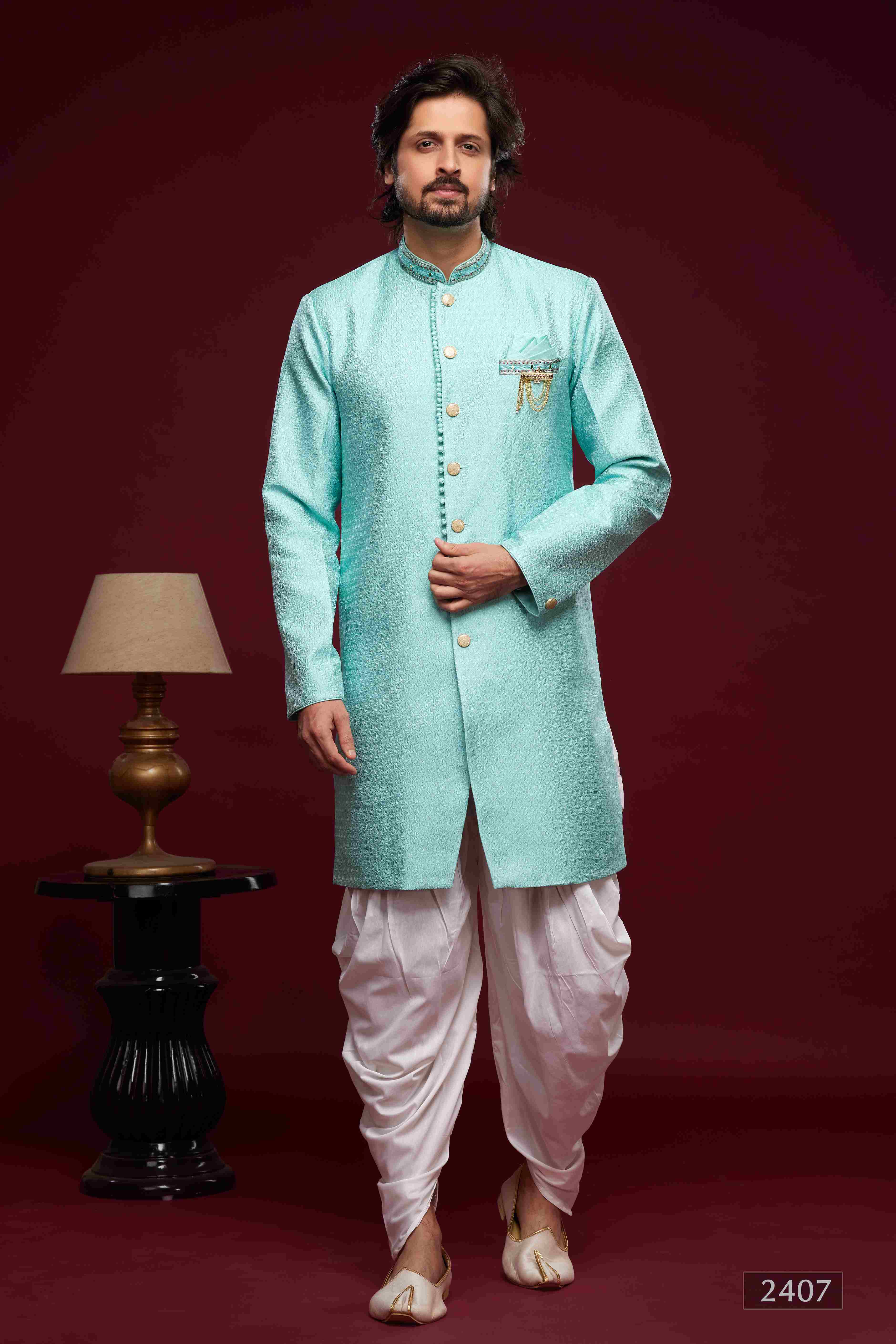Raivat Ethnic Banarasi Jacquard Embroidery Semi Indo Western Sherwani In Sky Blue Colour | Grocsy
