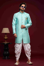 Raivat Ethnic Banarasi Jacquard Embroidery Semi Indo Western Sherwani In Sky Blue Colour | Grocsy
