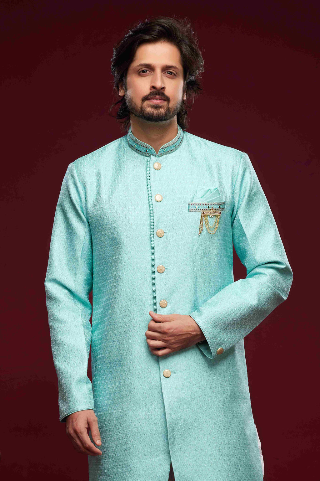 Raivat Ethnic Banarasi Jacquard Embroidery Semi Indo Western Sherwani In Sky Blue Colour | Grocsy