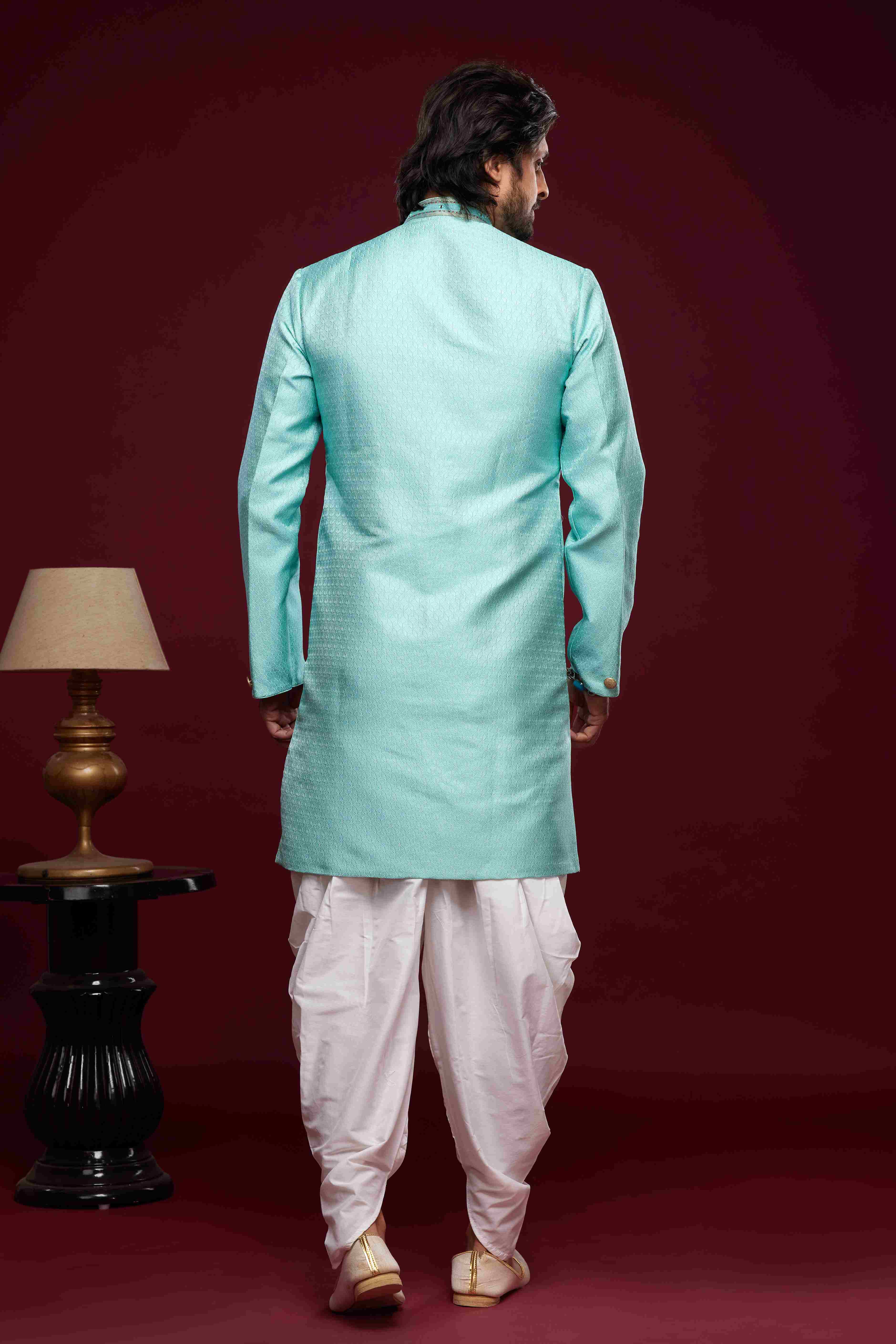 Raivat Ethnic Banarasi Jacquard Embroidery Semi Indo Western Sherwani In Sky Blue Colour | Grocsy