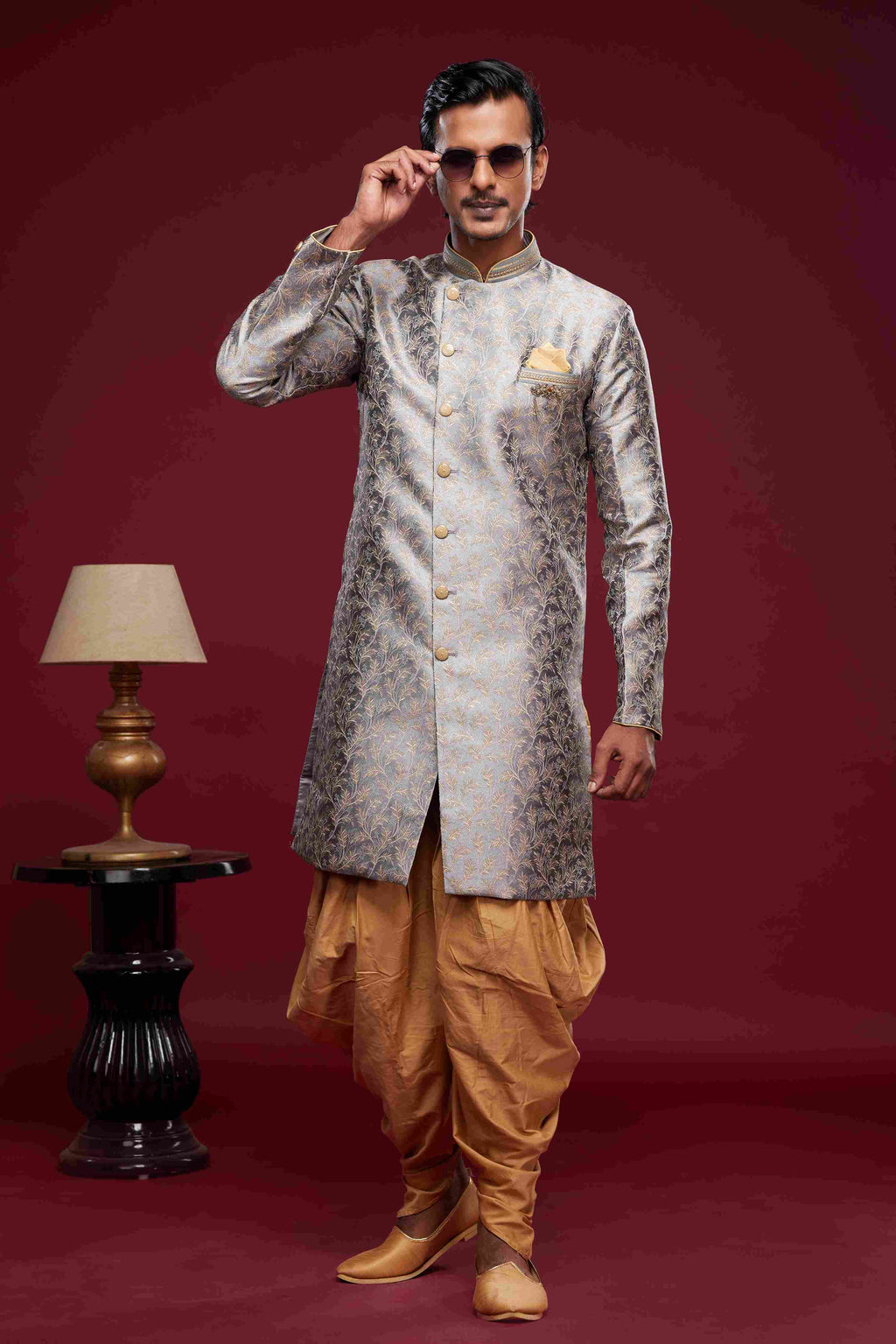 Raivat Ethnic Banarasi Jacquard Embroidery Semi Indo Western Sherwani In Grey Colour | Grocsy