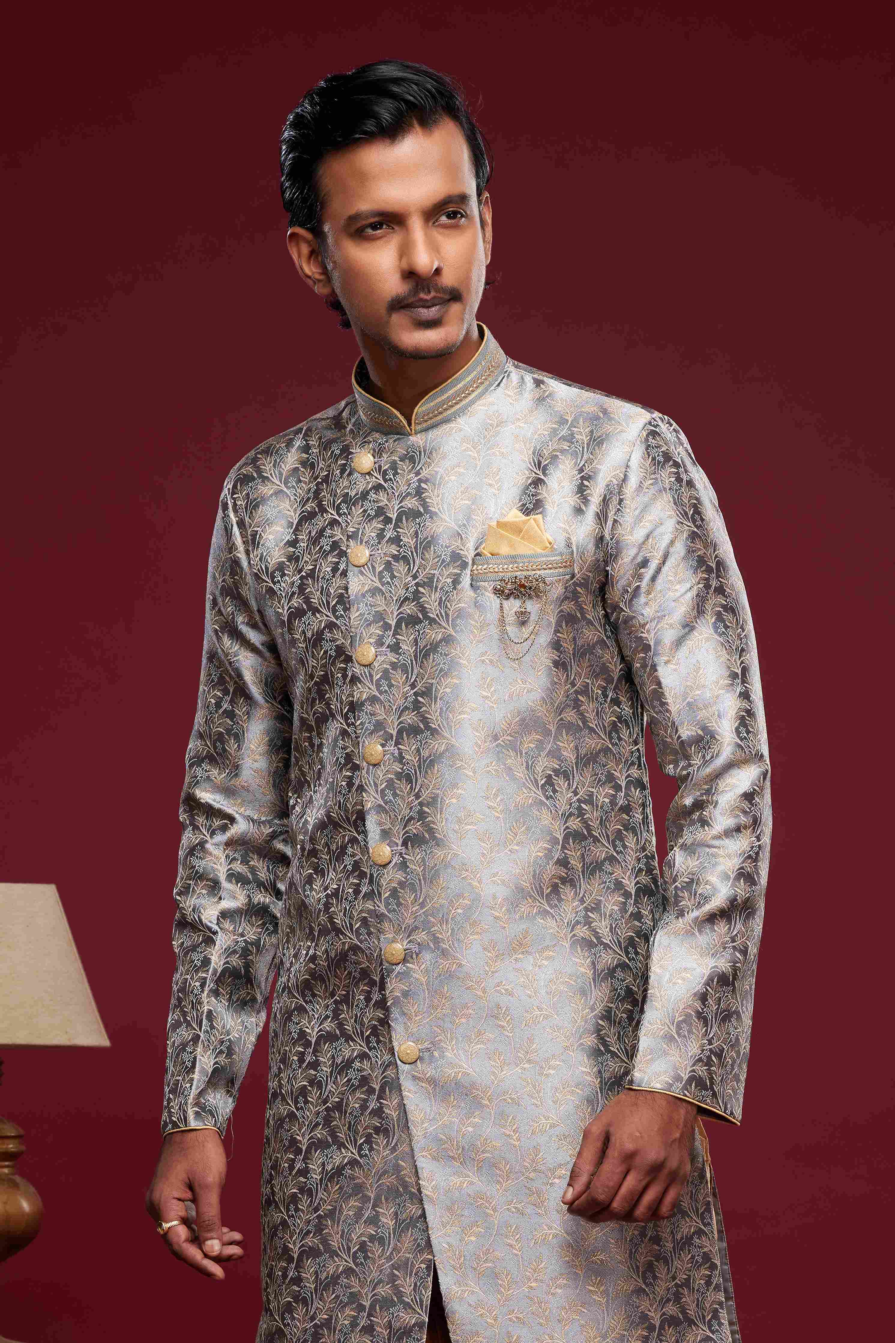 Raivat Ethnic Banarasi Jacquard Embroidery Semi Indo Western Sherwani In Grey Colour | Grocsy