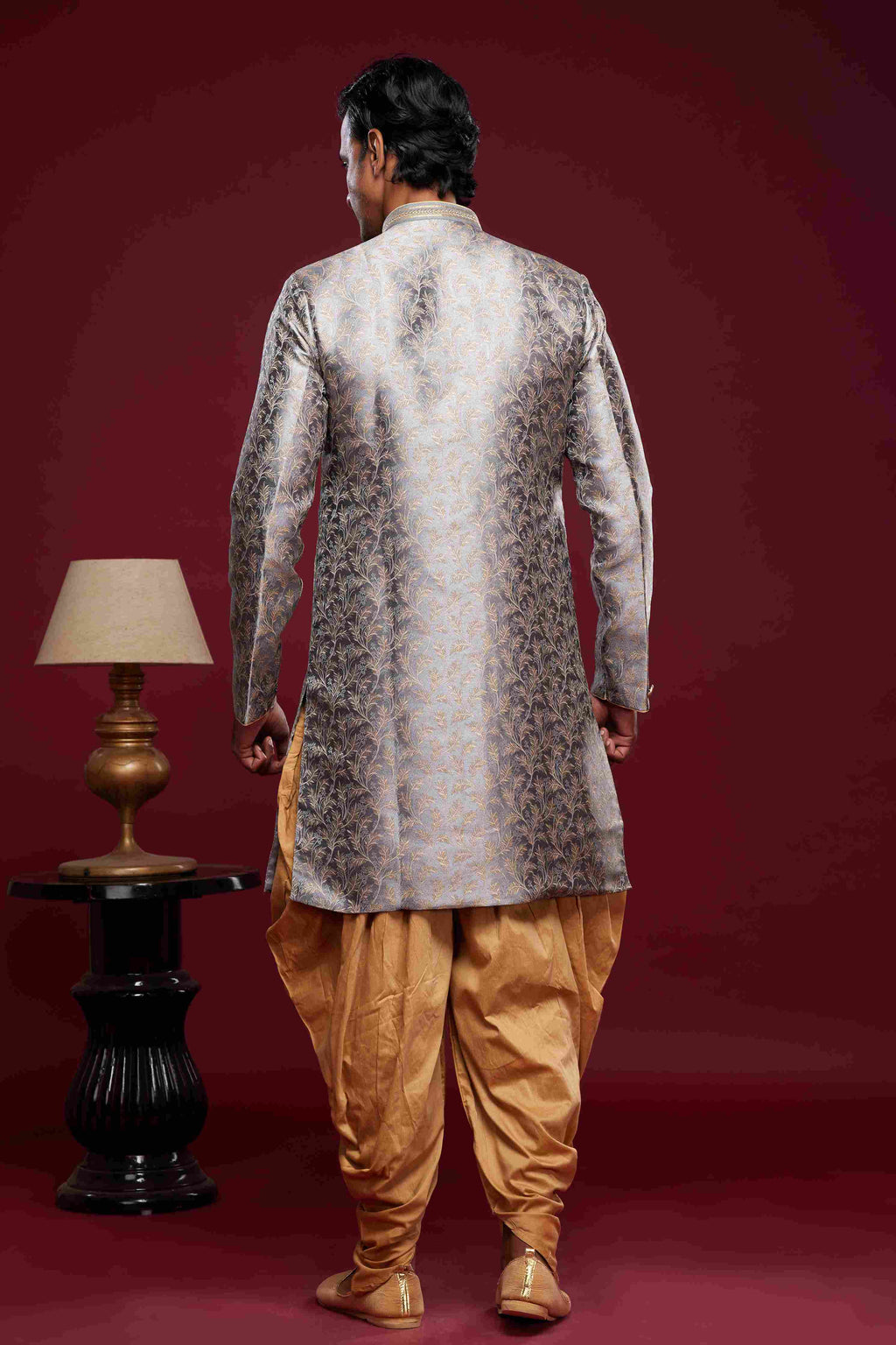 Raivat Ethnic Banarasi Jacquard Embroidery Semi Indo Western Sherwani In Grey Colour | Grocsy
