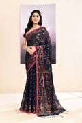 Piyari Fashion Women's Navy Blue Embellished Cotton Blend Jamdani Saree | Grocsy