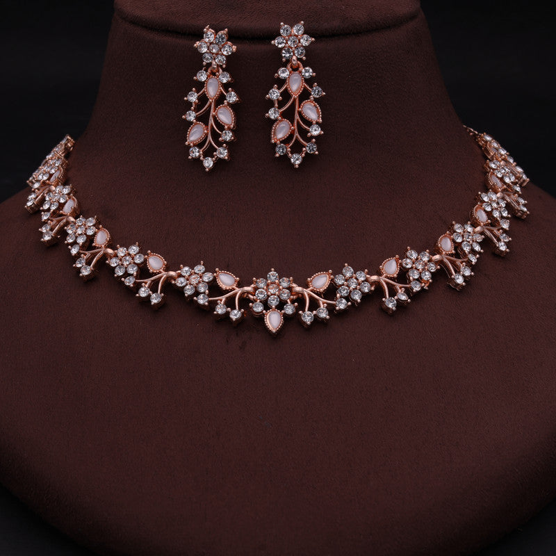 Tehzeeb Creations Rose Gold Pleated White Diamond With White Beads Necklace Set | Grocsy