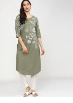 Maai Rayon Hand Printed Kurta Green | Grocsy