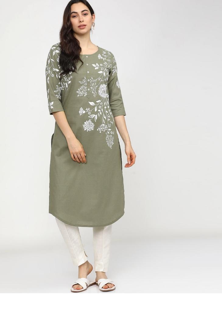 Maai Rayon Hand Printed Kurta Green | Grocsy