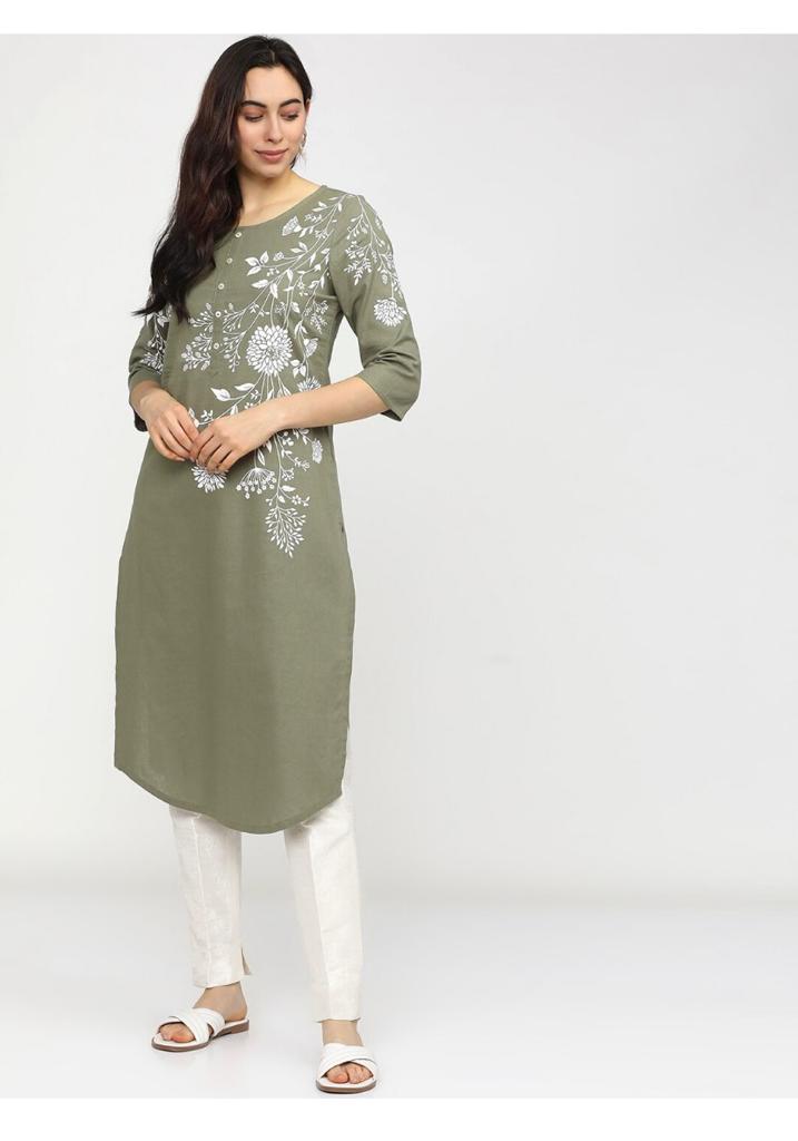 Maai Rayon Hand Printed Kurta Green | Grocsy