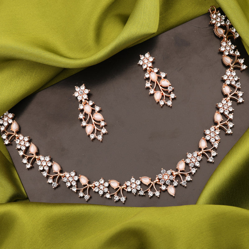 Tehzeeb Creations Rose Gold Pleated White Diamond With White Beads Necklace Set | Grocsy