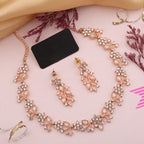 Tehzeeb Creations Rose Gold Pleated White Diamond With White Beads Necklace Set | Grocsy
