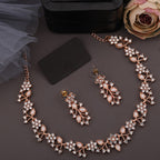 Tehzeeb Creations Rose Gold Pleated White Diamond With White Beads Necklace Set | Grocsy
