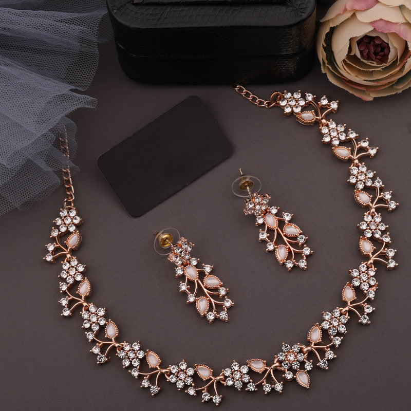 Tehzeeb Creations Rose Gold Pleated White Diamond With White Beads Necklace Set | Grocsy