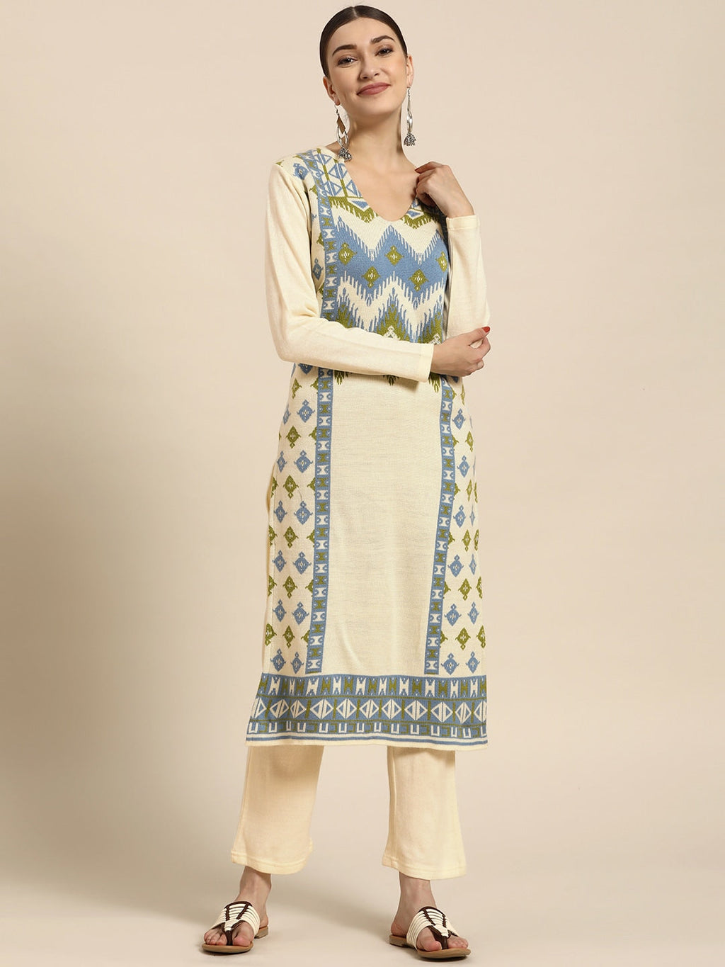 Sangria Women Off White Ethnic Motifs Self Design Winter Kurta with Trousers | Grocsy