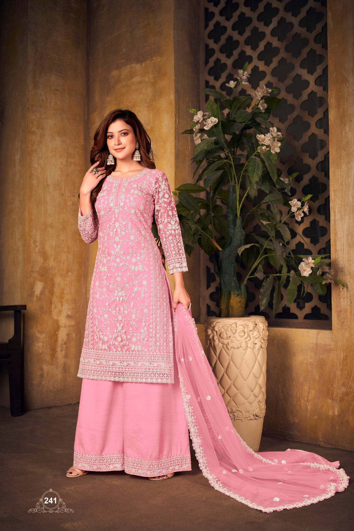 Anaita Pink Embroidered Net Plazzo Suit | Grocsy
