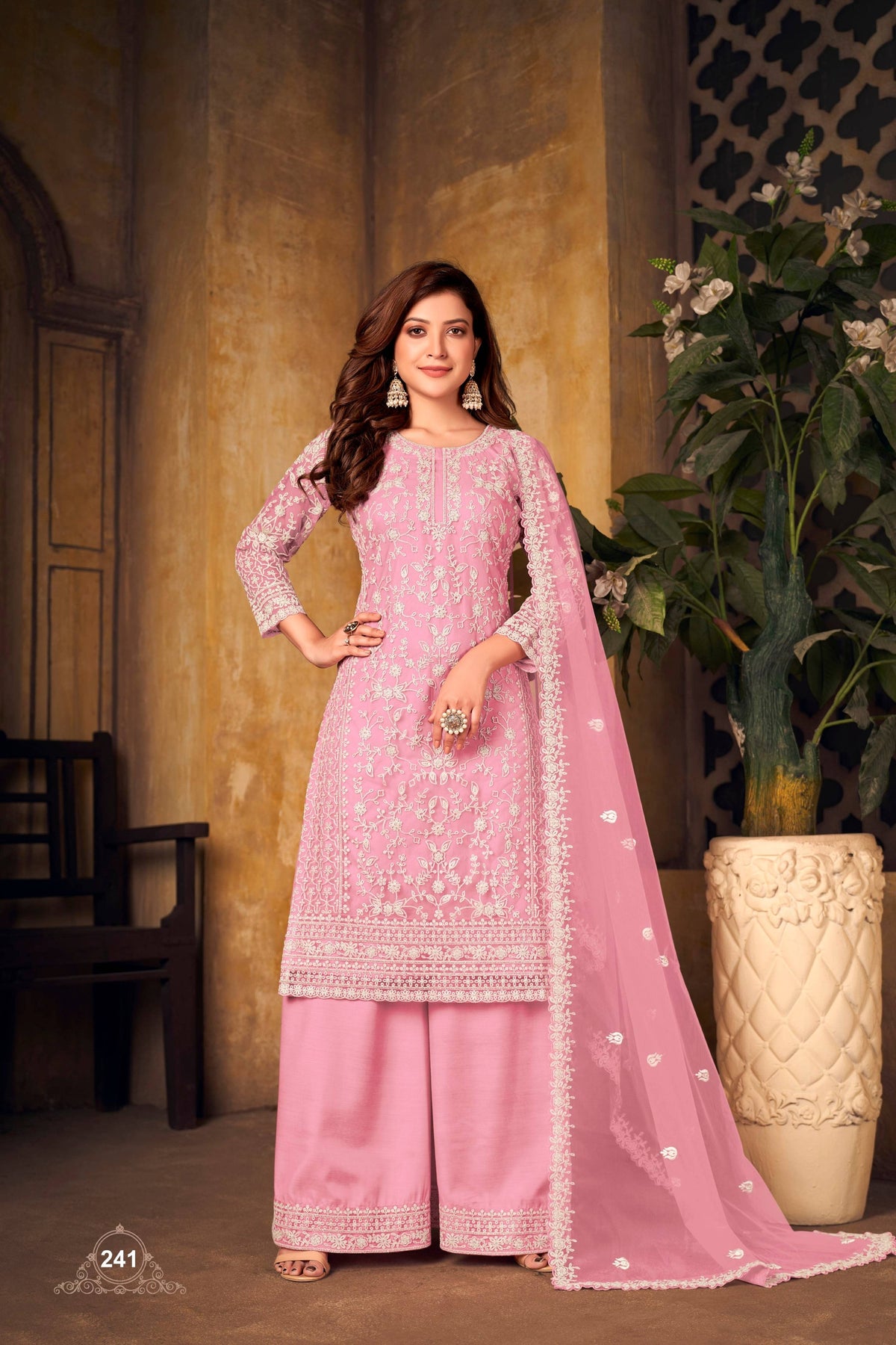 Anaita Pink Embroidered Net Plazzo Suit | Grocsy