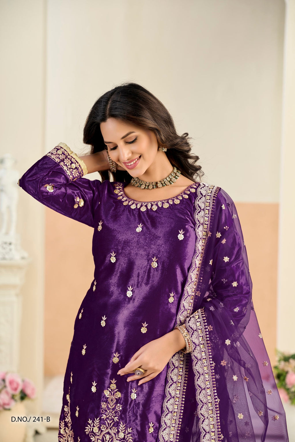 Anaita Violet Ice Velvet Suit With Embroidery Work | Grocsy