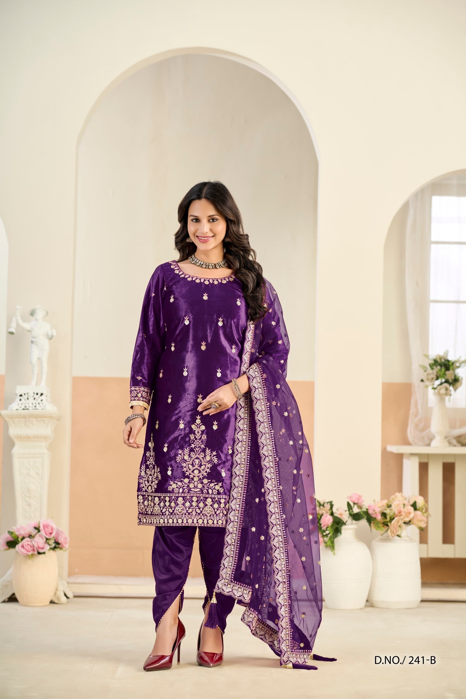 Anaita Violet Ice Velvet Suit With Embroidery Work | Grocsy