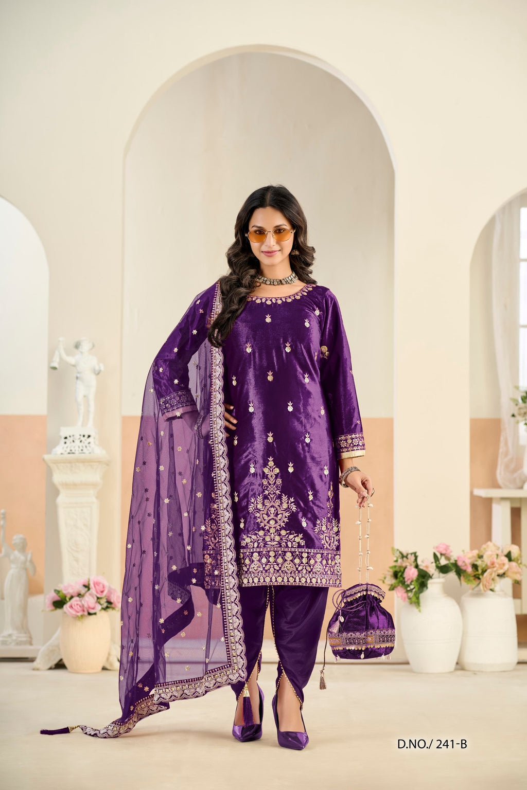 Anaita Violet Ice Velvet Suit With Embroidery Work | Grocsy