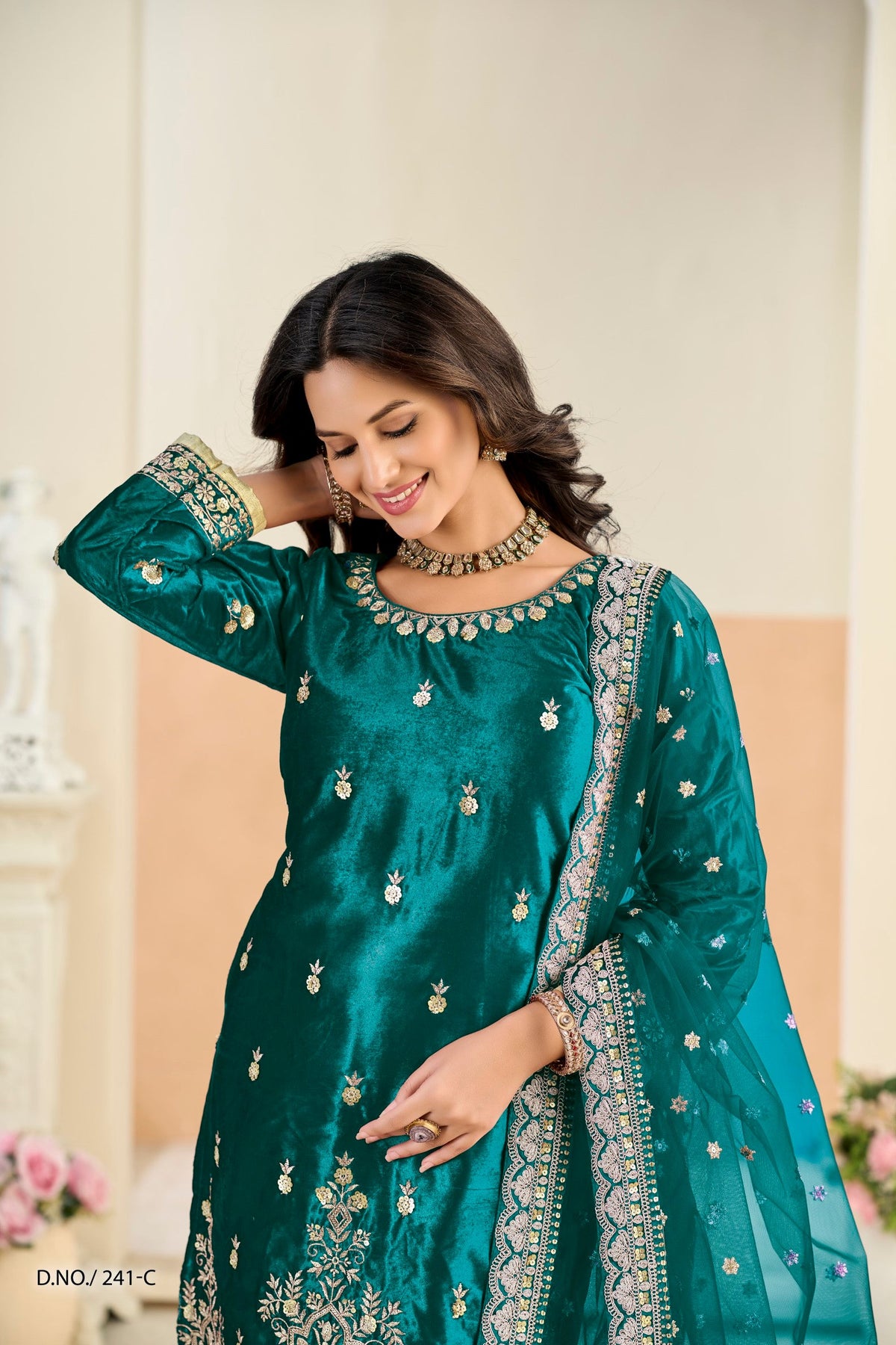 Anaita Teal Blue Ice Velvet Suit With Embroidery Work | Grocsy