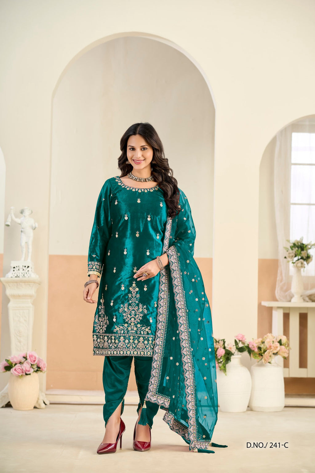 Anaita Teal Blue Ice Velvet Suit With Embroidery Work | Grocsy