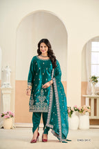 Anaita Teal Blue Ice Velvet Suit With Embroidery Work | Grocsy