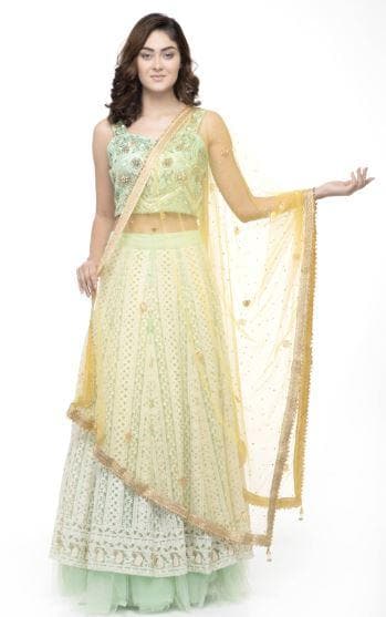 A R Silk Women's Net Net Chandna Handwork With Moti Laish Yellow Fancy Dupatta | Grocsy