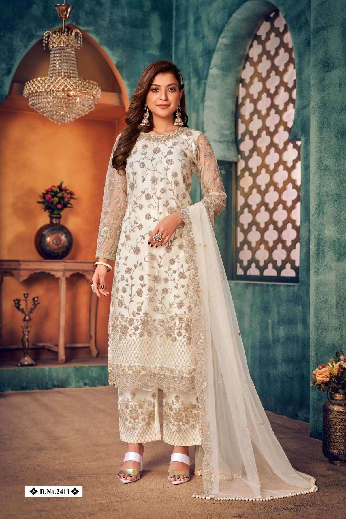 Anaita White Embroidered Net Salwar Suit | Grocsy