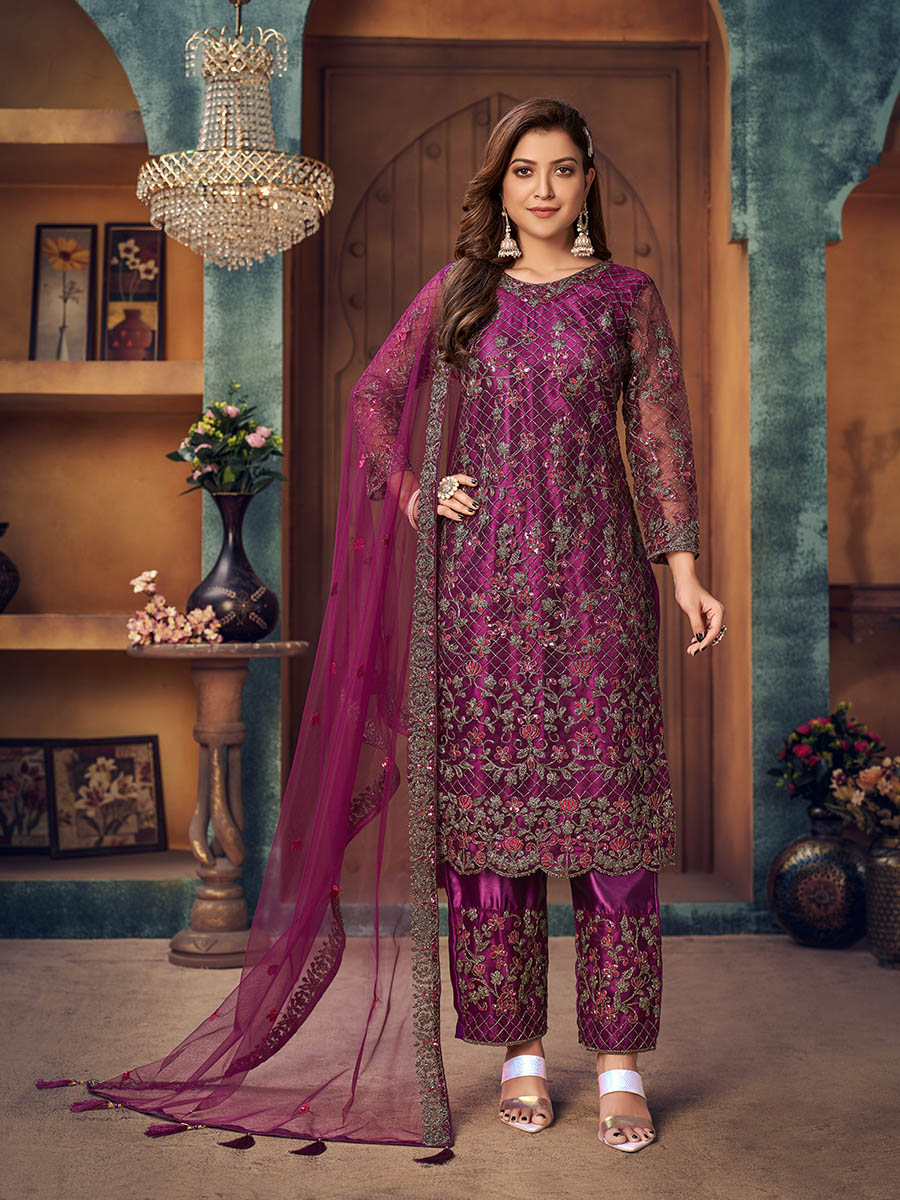Myra Wine Heavy Embroidered Pant Style Suit | Grocsy
