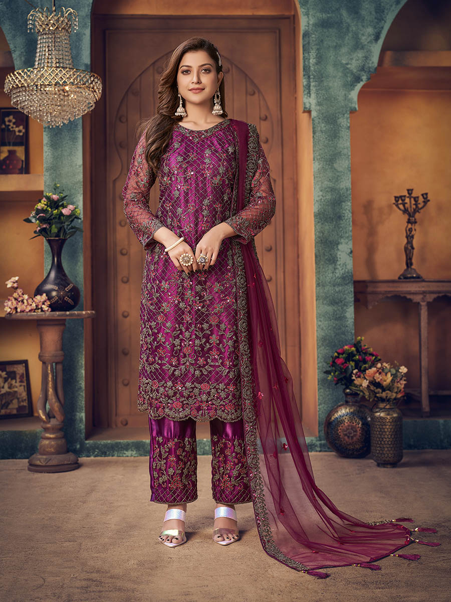 Myra Wine Heavy Embroidered Pant Style Suit | Grocsy